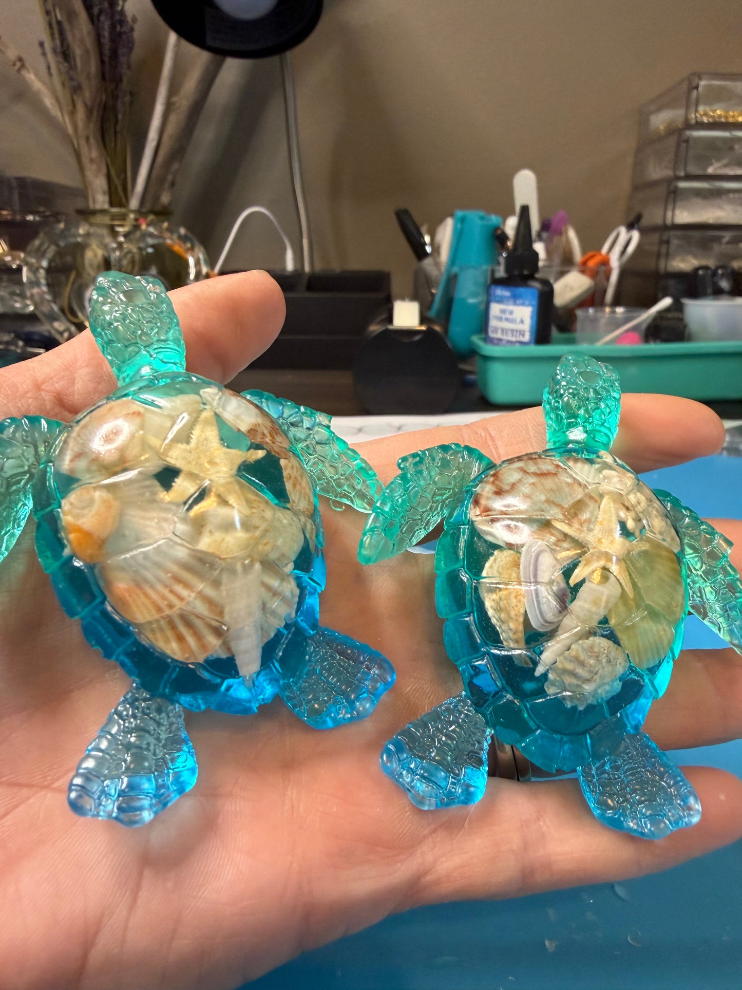 Handmade Resin Sea Turtle with Seashells and Starfish