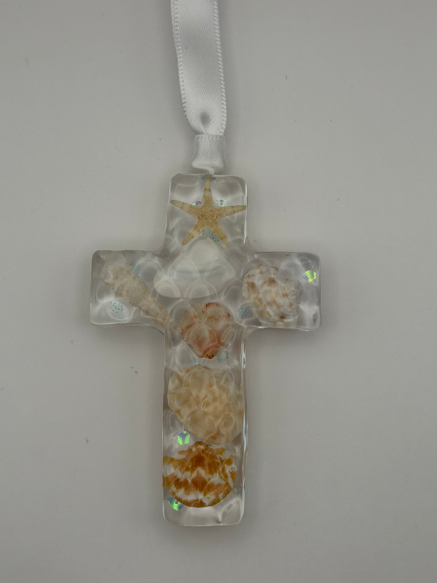 Handmade Resin Beach Scene Keepsake Cross Ornament