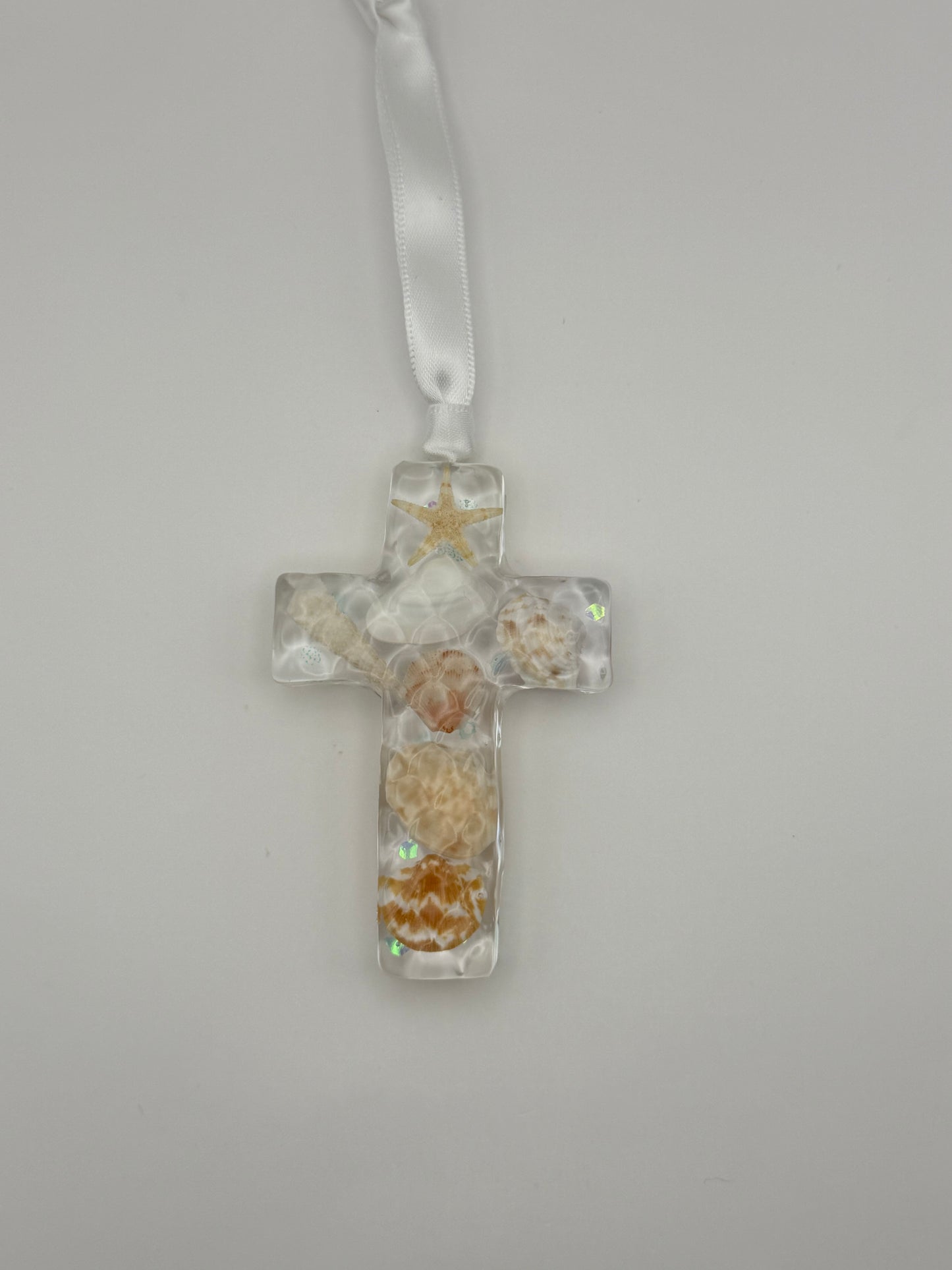 Handmade Resin Beach Scene Keepsake Cross Ornament