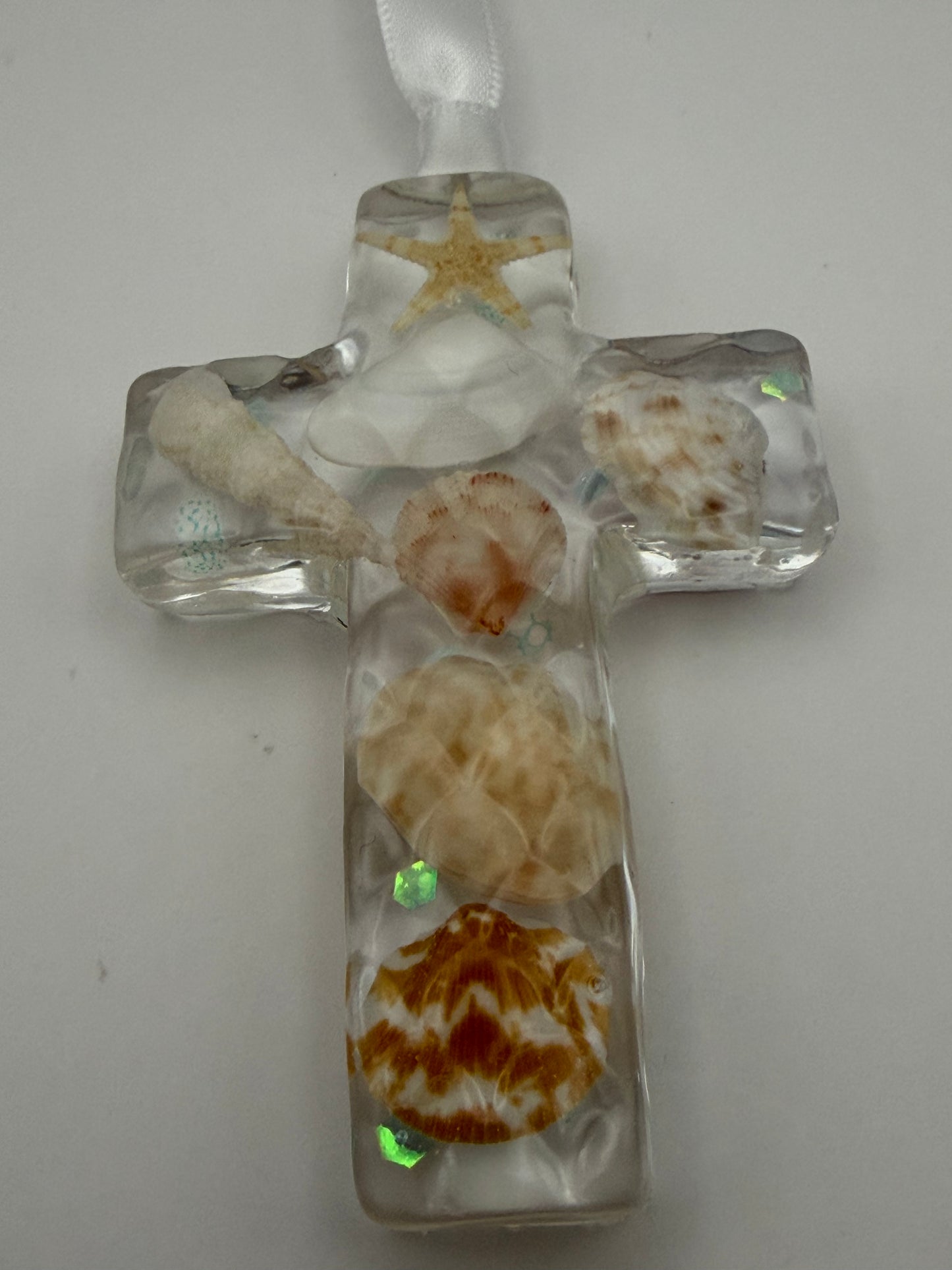 Handmade Resin Beach Scene Keepsake Cross Ornament