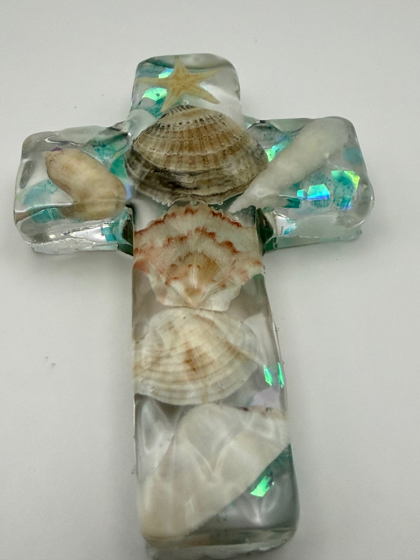 Handmade Resin Beach Scene Keepsake Cross Ornament
