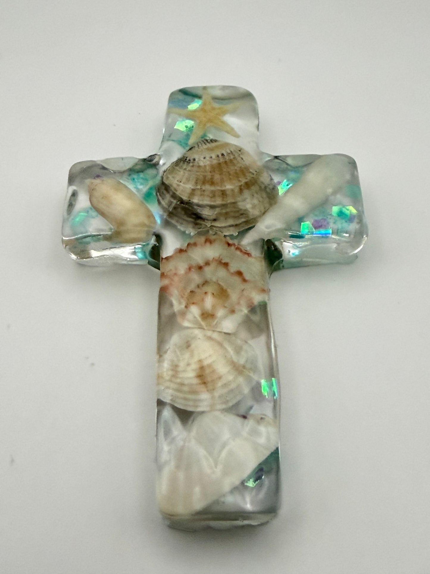 Handmade Resin Beach Scene Keepsake Cross Ornament