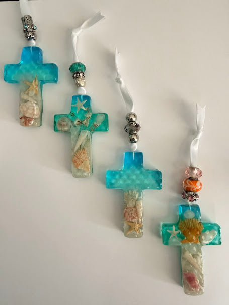 Handmade Resin Beach Scene Keepsake Cross Ornament